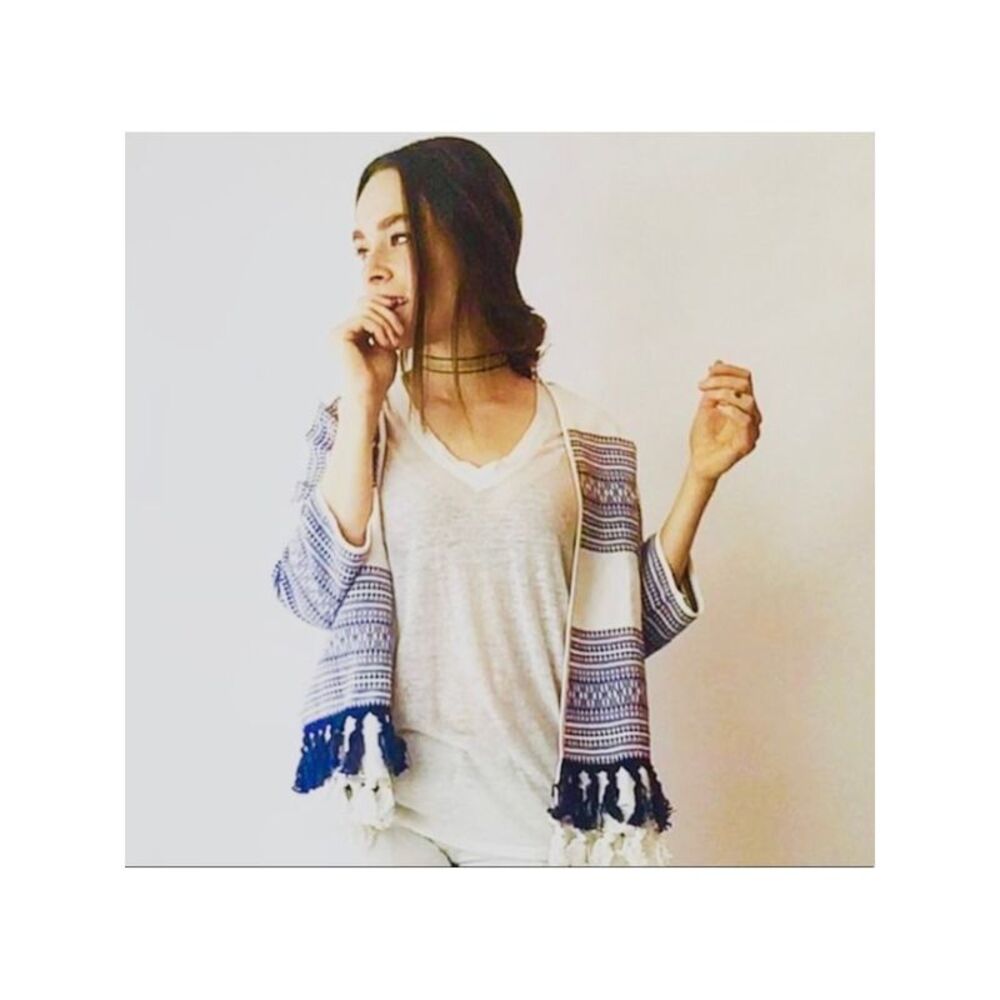CALIFORNIA MOON RISE Womens White Tasseled Boho 3/4 Sleeve Open Cardigan Top XS